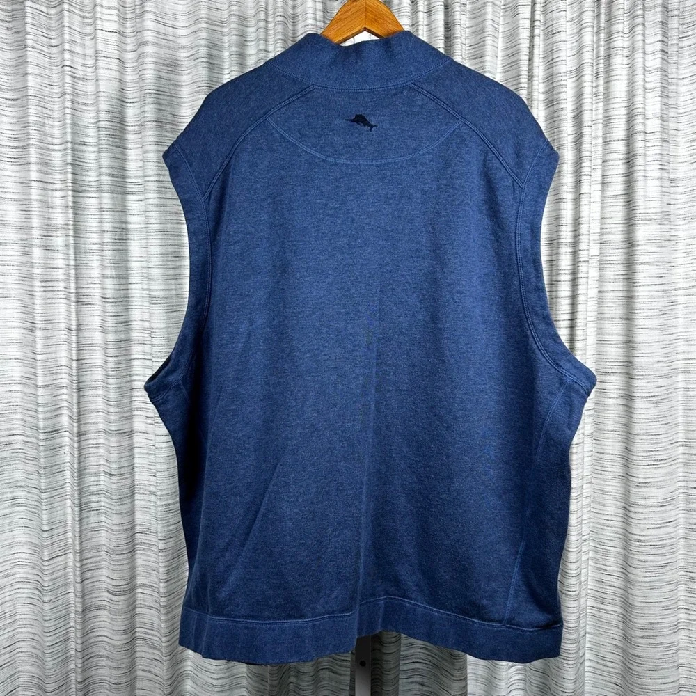 Tommy Bahama Mens Blue Heathered Full Zip Mock Neck Vest Marlin Logo XL EUC Cott